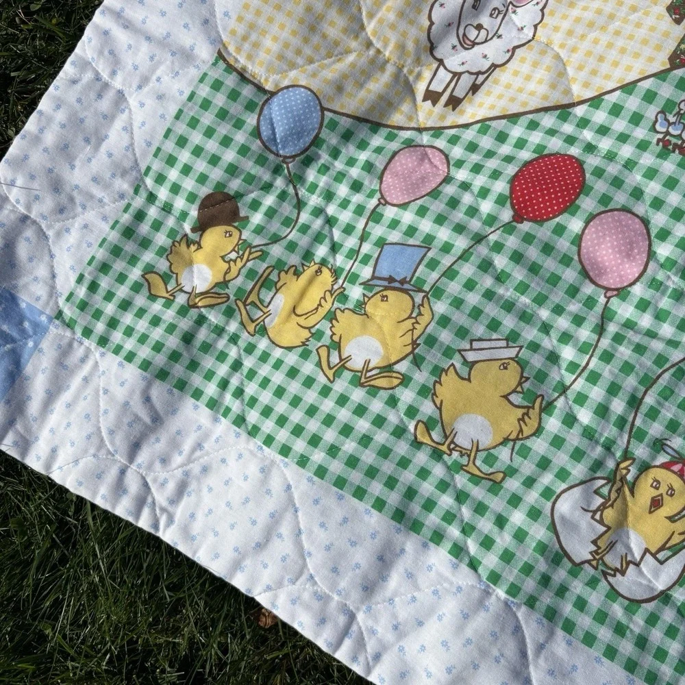 VTG Old McDonald Baby Blanket Quilt Throw Blue White Gingham Sun Rainbow Balloon